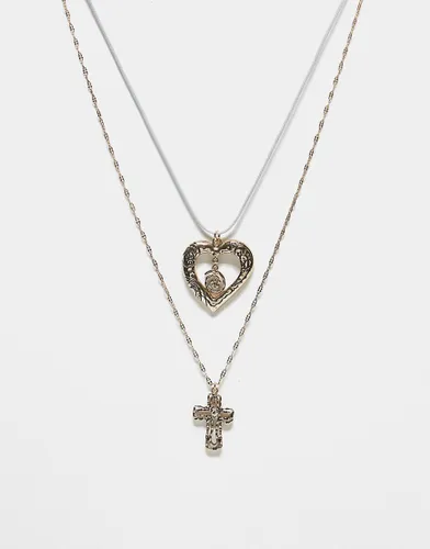 Reclaimed Vintage unisex 2 row with cross and heart-Gold