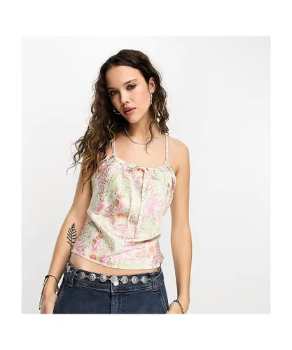 Reclaimed Vintage Womens satin cami top with open tie back in multi floral print-Green - Multicolour