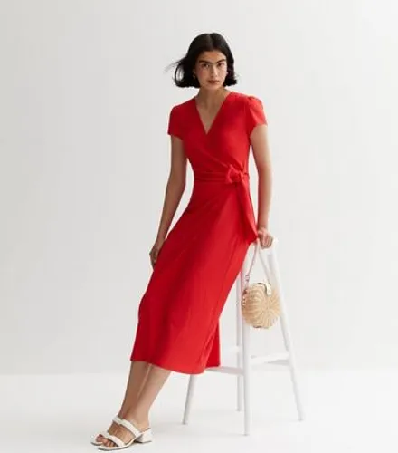 Red Crinkle Short Sleeve Wrap Midaxi Dress New Look