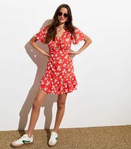 Red Daisy Print Flutter Sleeve Mini Dress New Look