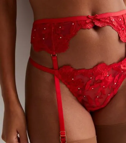 Red Diamanté Embroidered Suspender Belt New Look