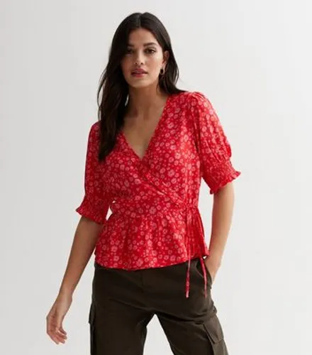 Red Ditsy Floral Puff Sleeve Wrap Blouse New Look