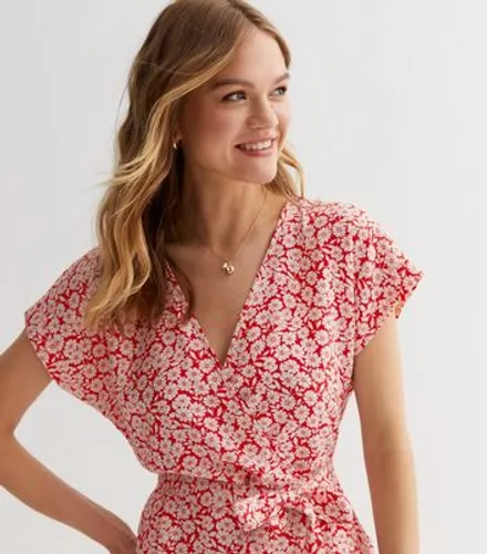 Red Floral Belted Playsuit New Look