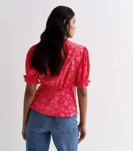 Red Floral Dot Wrap Top New Look