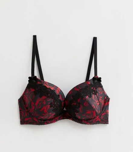 Red Floral Print Satin Lace Trim Push Up Bra New Look