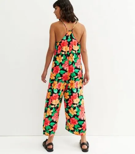Red Floral Strappy Oversized Crop Jumpsuit New Look