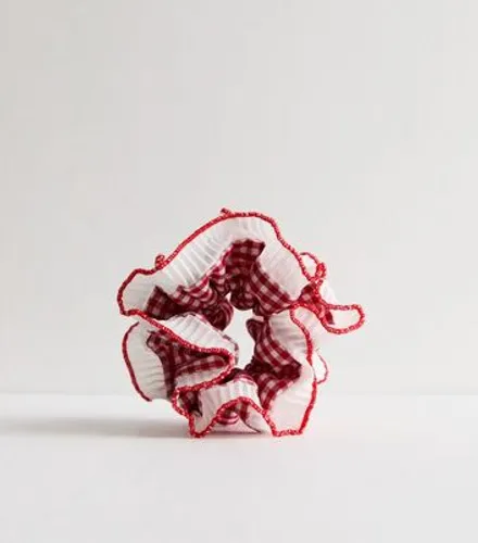 Red Gingham Frill Scrunchie New Look