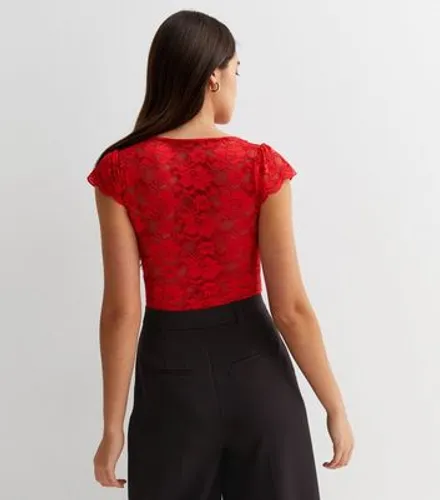 Red Lace Plunge Neck Bodysuit New Look