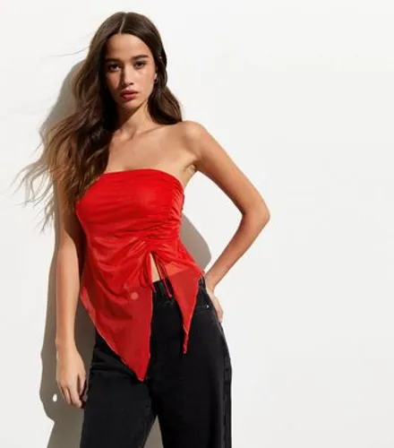 Red Mesh Ruched Bandeau Top New Look