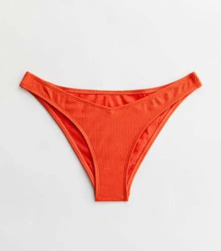 Red Ribbed V Front Bikini Bottoms New Look