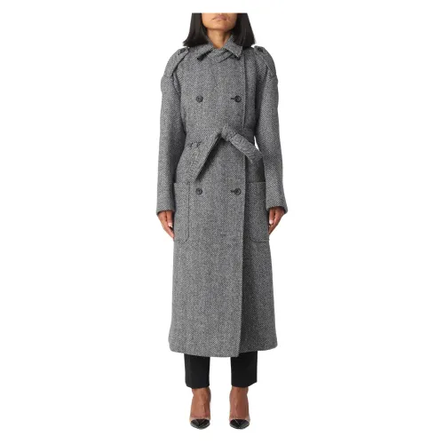 RED Valentino , Herringbone Belted Coat ,Gray female, Sizes: