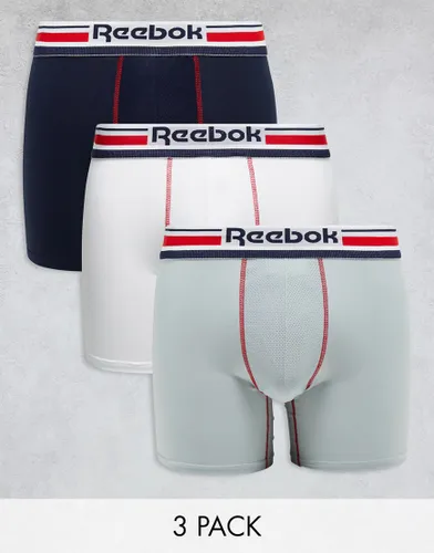 Reebok Brogan 3 pack sports trunks in navy white and grey