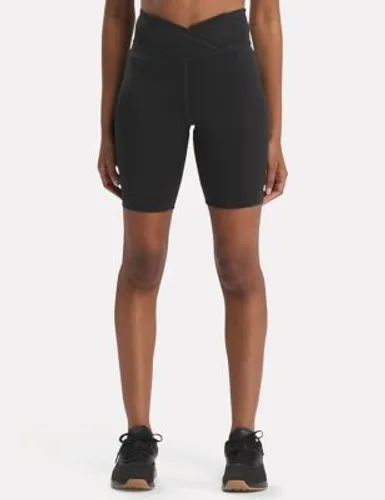 Reebok Womens Basic Wrap Waist High Waisted Bike Shorts - M - Black, Black