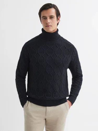 Reiss Alston Long Sleeve Roll Neck Cable Knit Jumper, Navy - Navy - Male