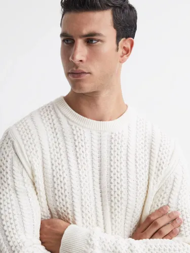 Reiss Arlington Long Sleeve Wool Blend Cable Knit Jumper - Ecru - Male