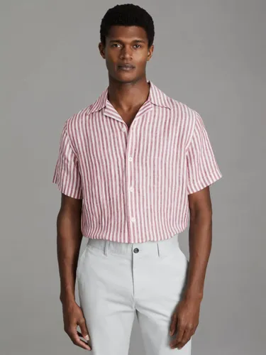 Reiss Beldi Linen Short Sleeve Cuban Shirt - Pink/White Stripe - Male