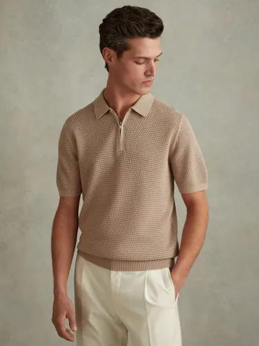 Reiss Burnham Textured Zip Neck Polo Shirt - Taupe - Male