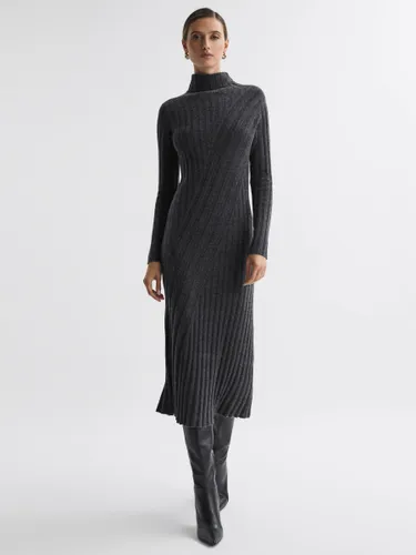 Reiss Cady Chunky Rib Knit Roll Neck Midi Dress, Charcoal - Charcoal - Female