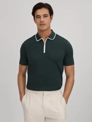 Reiss Cannes Short Sleeve Cotton Ribbed Polo Shirt - Dark Green - Male