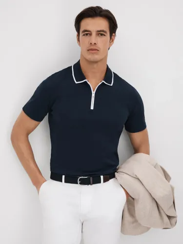 Reiss Cannes Short Sleeve Cotton Ribbed Polo Shirt - Navy - Male