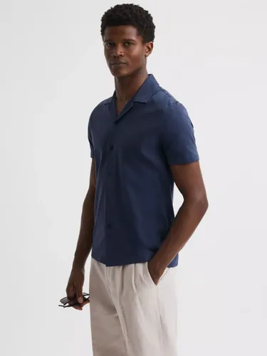 Reiss Caspa Cuban Collar Short Sleeve Shirt - Blue Night - Male