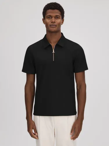 Reiss Floyd Half Zip Textured Polo Shirt - Black - Male