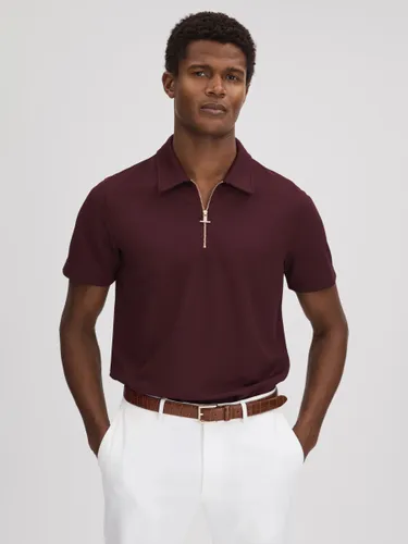 Reiss Floyd Half Zip Textured Polo Shirt - Bordeaux - Male
