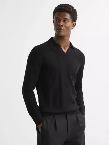 Reiss Malik Long Sleeve Knitted Polo Shirt - Black - Male