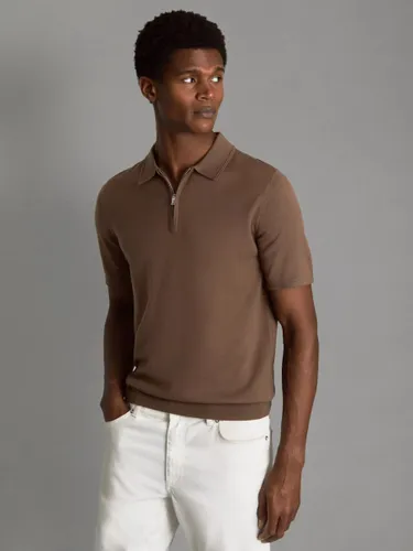 Reiss Maxwell Merino Zip Neck Polo Shirt - Pecan Brown - Male