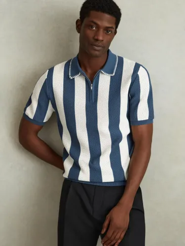 Reiss Paros Short Sleeve Textured Stripe Polo Shirt, Blue/White - Blue/White - Male