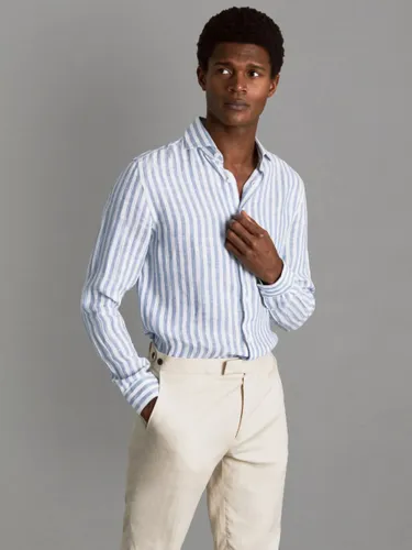 Reiss Ruban Long Sleeve Linen Stripe Shirt, Blue/White - Blue/White - Male
