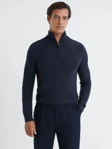 Reiss Tempo Wool Blend Long Sleeve Half Zip Jumper - Navy - Male