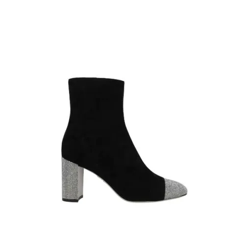 René Caovilla , Black Suede Boots with Grey Satin Heel and Rhinestone Embellishments ,Black female, Sizes: