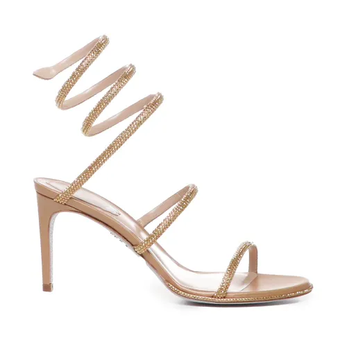 René Caovilla , Golden Cleo Sandals with Crystals ,Beige female, Sizes: