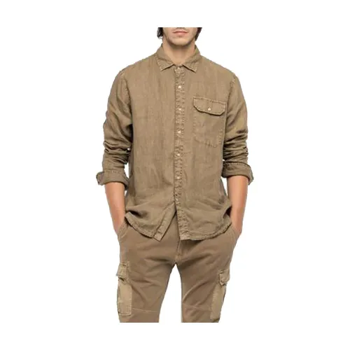 Replay , Mens Garment-Dyed Linen Shirt ,Beige male, Sizes: