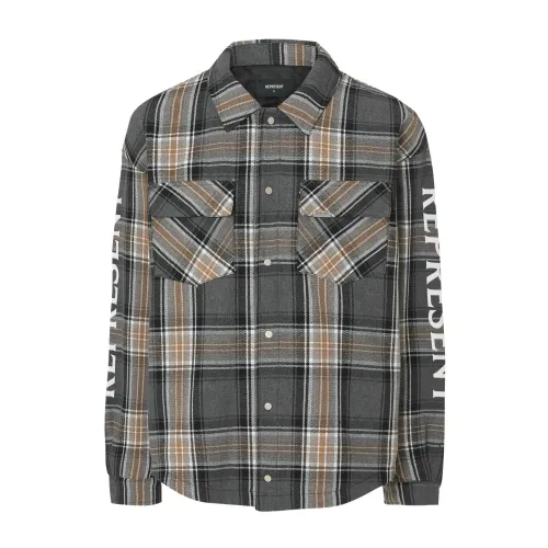 Represent , Grey Checkered Casual Shirt with Logo Print ,Gray male, Sizes: