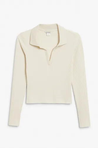 Ribbed long sleeve polo top - Beige