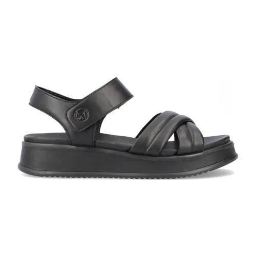 Rieker , Black Leather Flat Sandals ,Black female, Sizes: