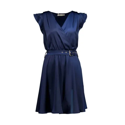 Rinascimento , Elegant Dark Blue Dress with Ruffles ,Blue female, Sizes: