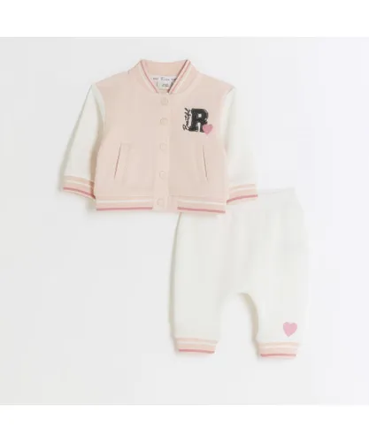 River Island Baby Girls Bomber Jacket Set Pink Varsity Cotton
