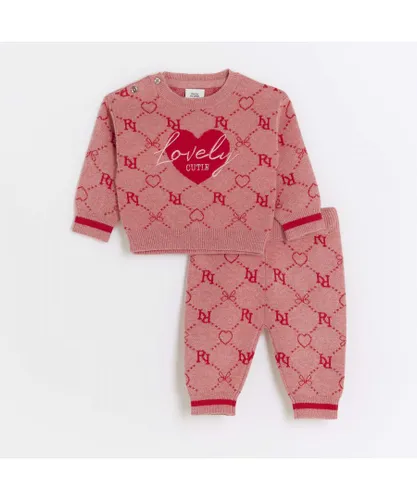 River Island Baby Girls Jumper Set Pink Ri Monogram Knit Viscose/Polyester