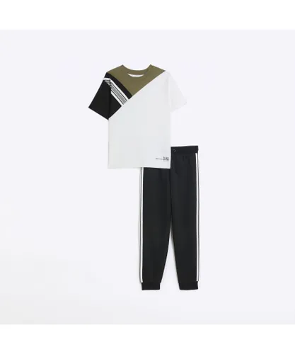 River Island Boys T-Shirt And Joggers 2 Piece Set White Taped - Khaki Cotton