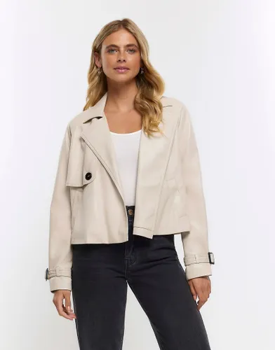 River Island Faux leather crop trench coat in cream-White
