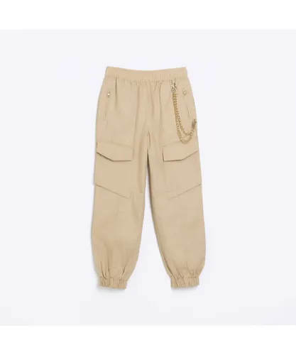 River Island Girls Cargo Trousers Beige Pull On Cotton