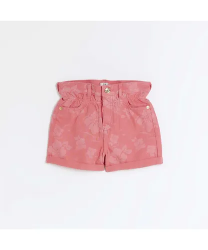 River Island Girls Denim Shorts Pink Floral Print Cotton
