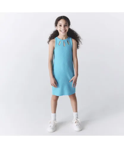 River Island Girls Dress Blue Halter Cut Out Ribbed Cotton