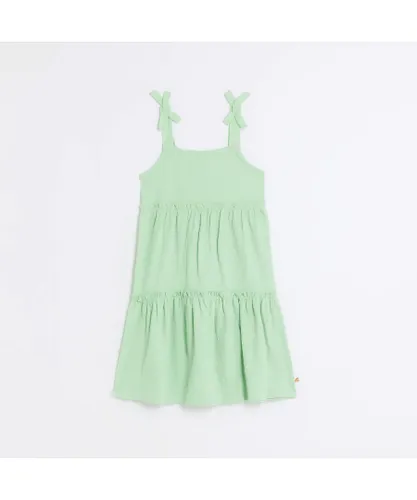 River Island Girls Dress Green Bow Detail Tiered Sun Cotton