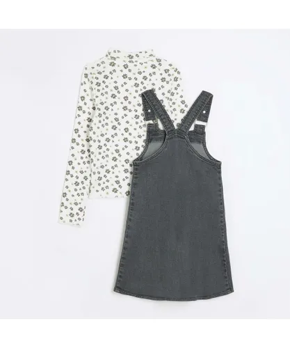 River Island Girls Pinafore Dress Set Grey Floral Denim - Dark Grey Cotton