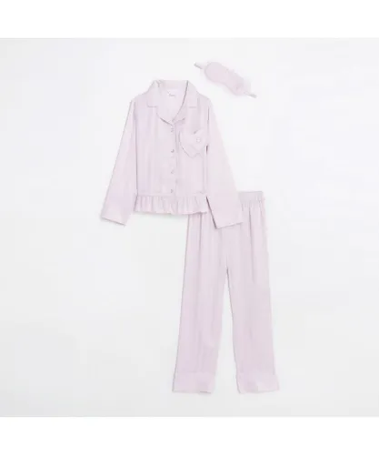 River Island Girls Pyjama 3 Piece Set Pink Stripe Peplum Satin