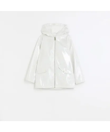 River Island Girls Rain Coat White Glitter Hooded Pu
